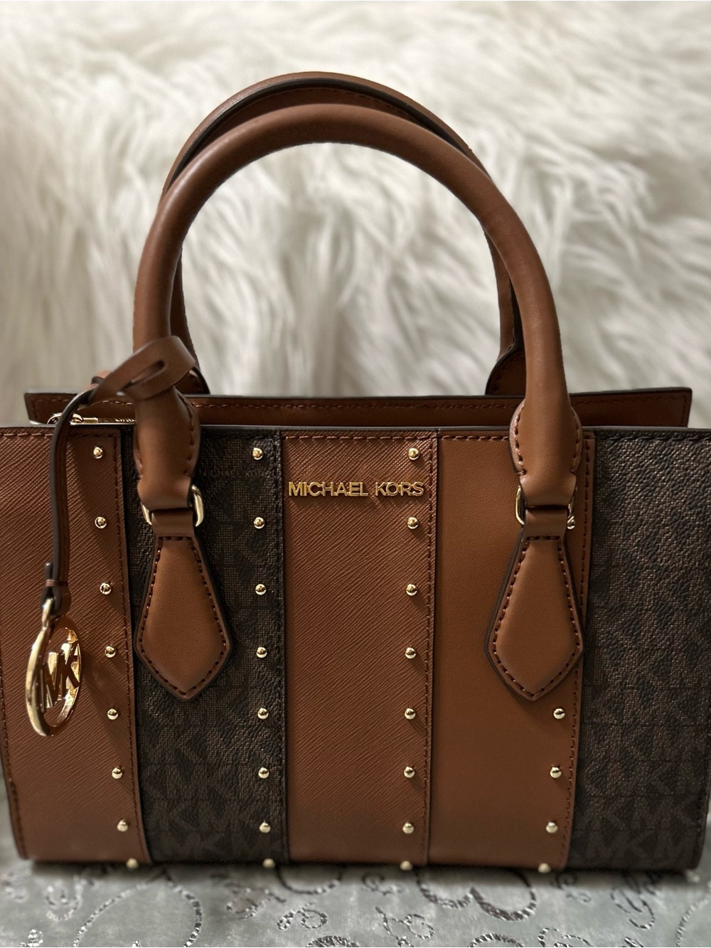 NWT Michael Kors, Small, Brown Sheila, w/Gold Studded Patchwork Satchel
